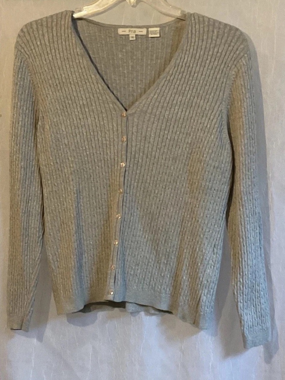 Pria Gray Cable-Knit Cardigan Sweater Button Front V-Neck Long Sleeve XL